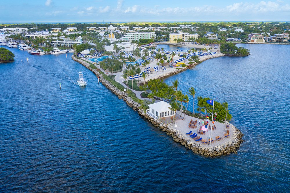 Aerial view of the Ocean Reef Club beach club peninsula and waterfront